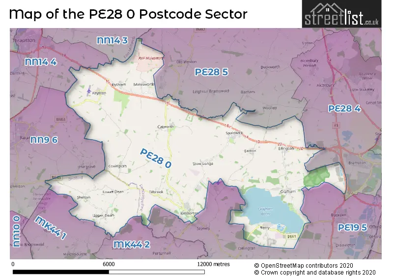 Map of the PE28 0 and surrounding postcode sector
