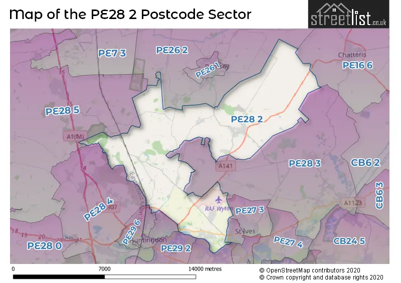 Map of the PE28 2 and surrounding postcode sector