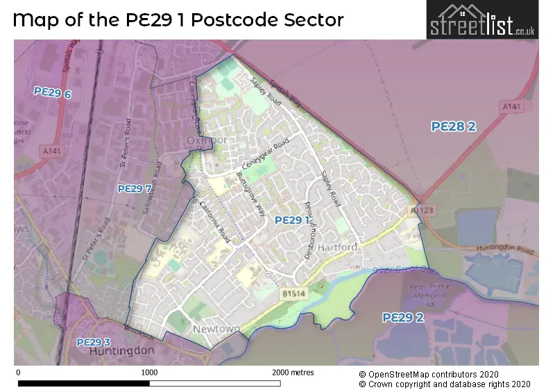 Map of the PE29 1 and surrounding postcode sector
