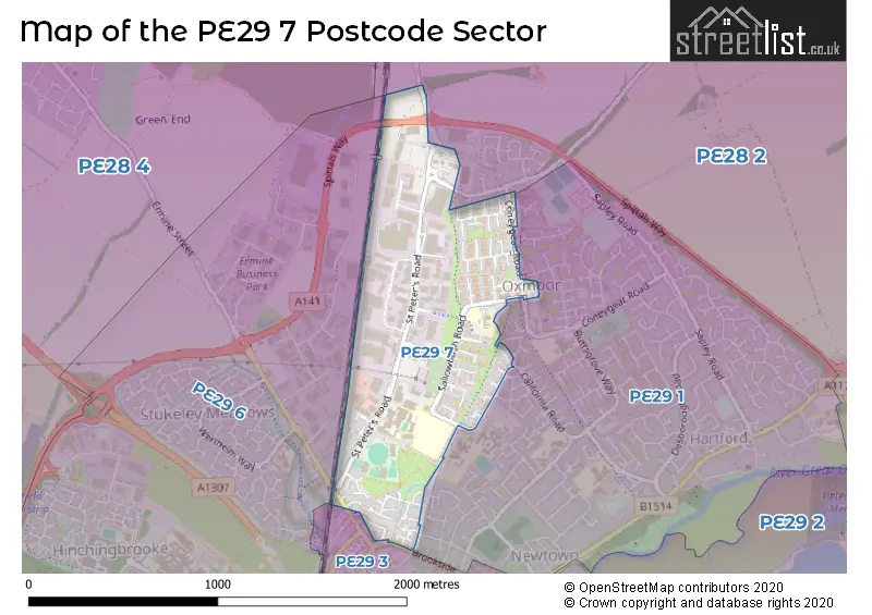Map of the PE29 7 and surrounding postcode sector