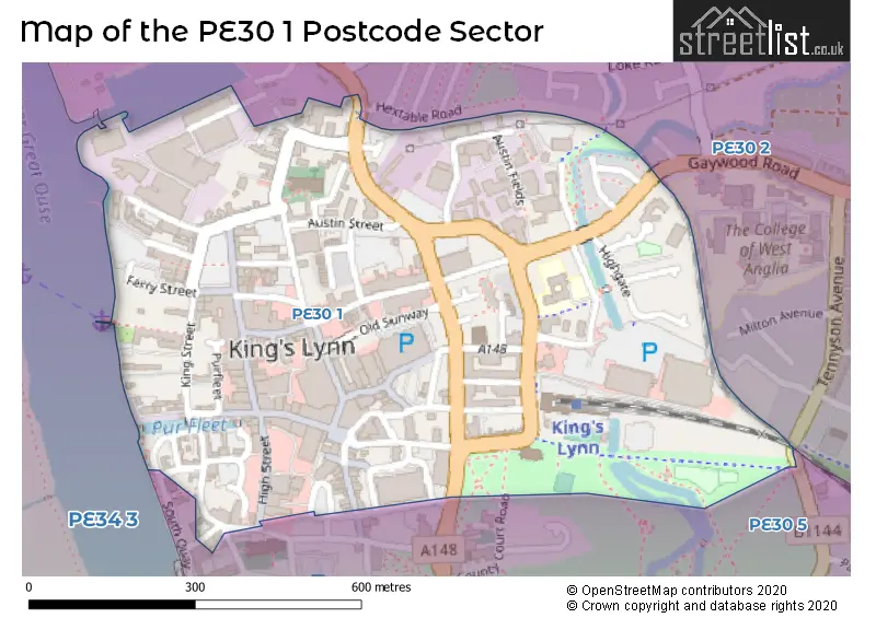 Map of the PE30 1 and surrounding postcode sector