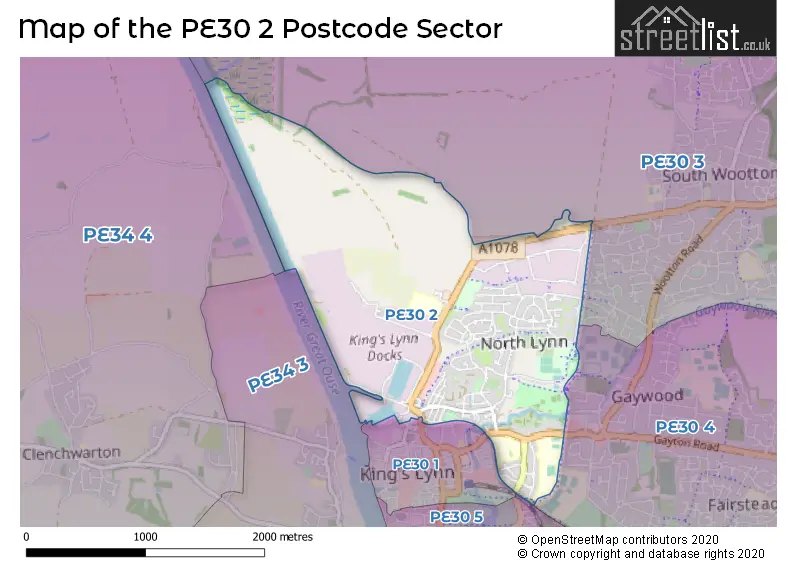 Map of the PE30 2 and surrounding postcode sector