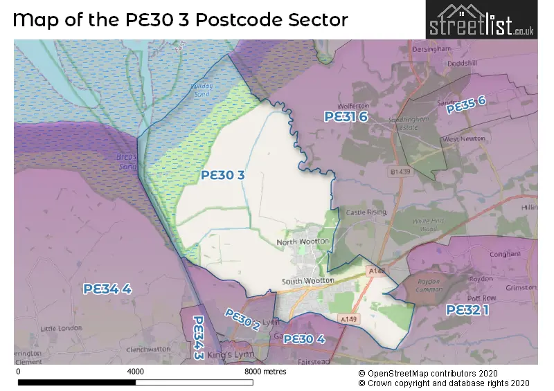 Map of the PE30 3 and surrounding postcode sector
