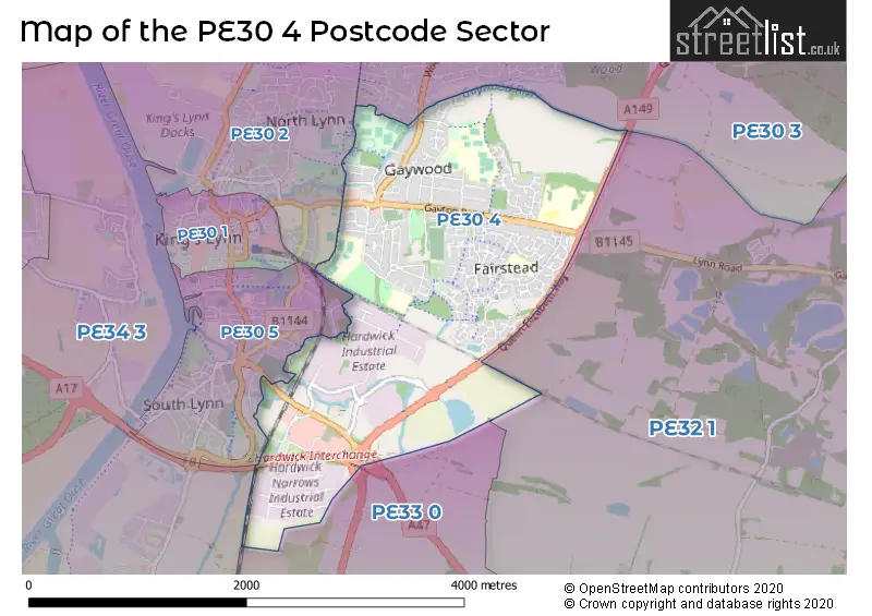 Map of the PE30 4 and surrounding postcode sector