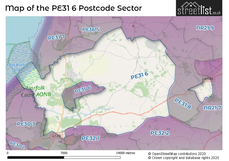Map of the PE31 6 and surrounding postcode sector