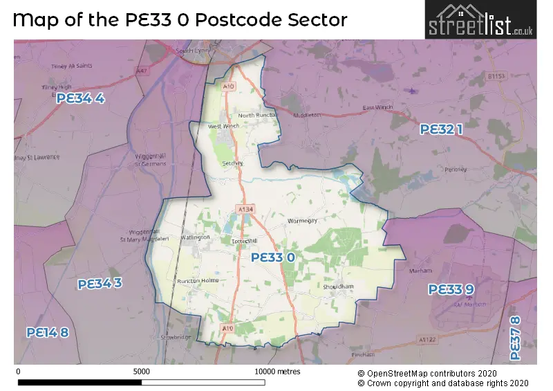 Map of the PE33 0 and surrounding postcode sector