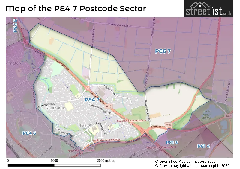 Map of the PE4 7 and surrounding postcode sector