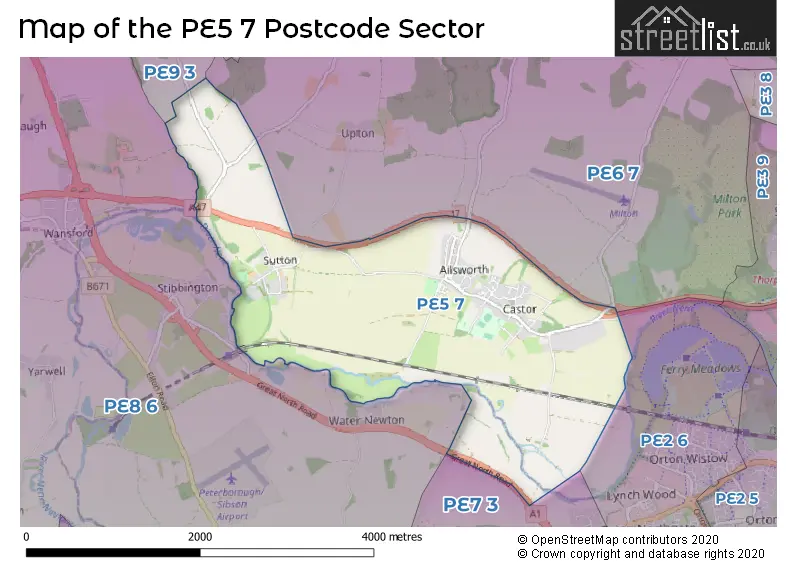 Map of the PE5 7 and surrounding postcode sector
