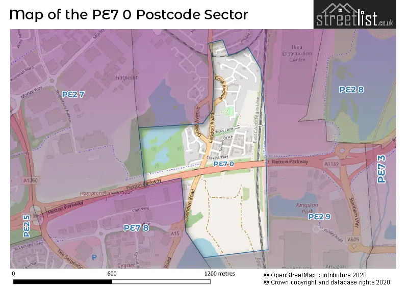 Map of the PE7 0 and surrounding postcode sector