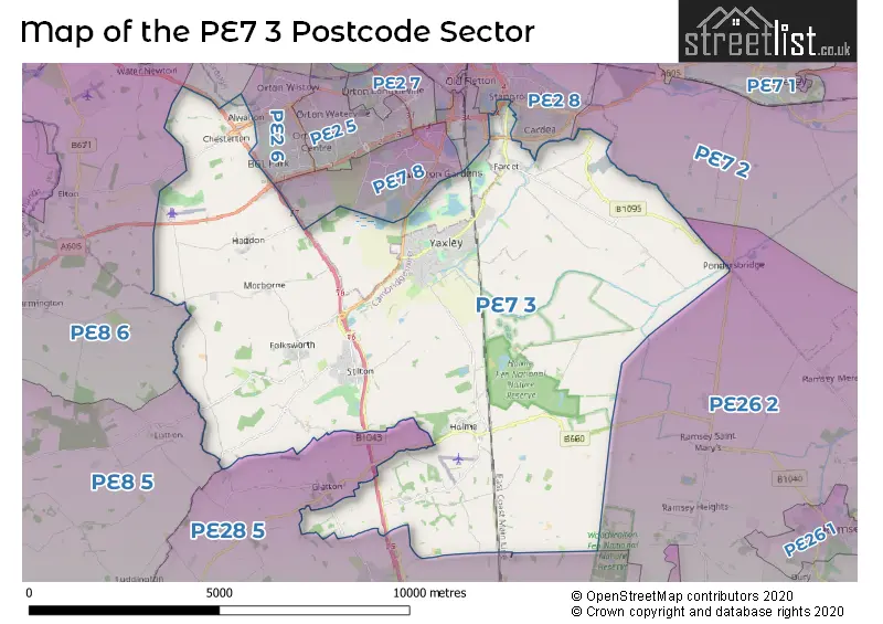 Map of the PE7 3 and surrounding postcode sector