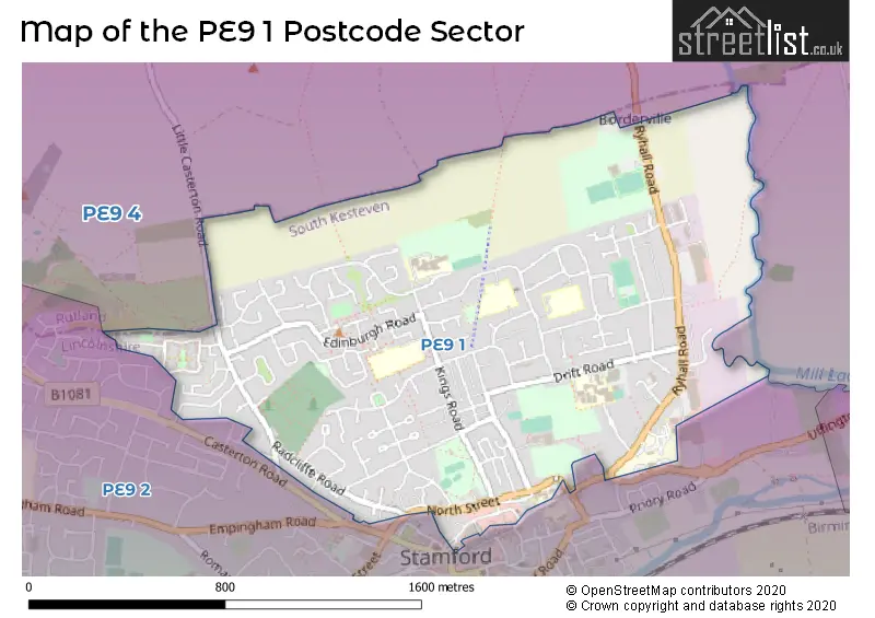 Map of the PE9 1 and surrounding postcode sector