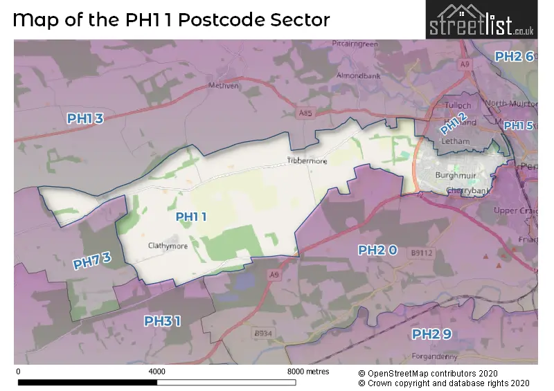 Map of the PH1 1 and surrounding postcode sector