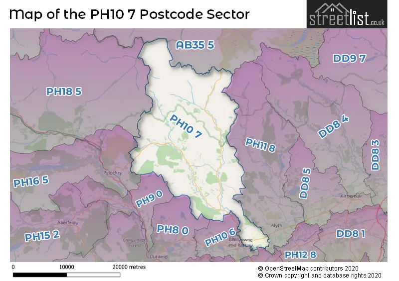Map of the PH10 7 and surrounding postcode sector