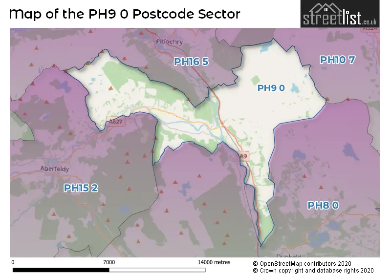 Map of the PH9 0 and surrounding postcode sector