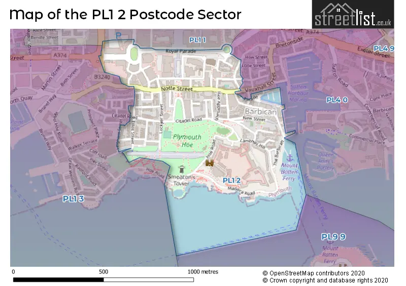 Map of the PL1 2 and surrounding postcode sector