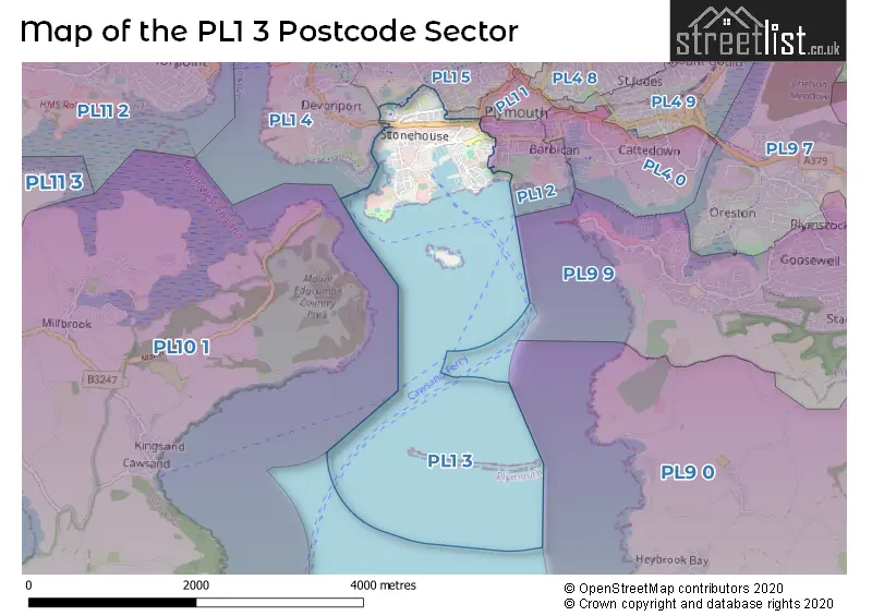 Map of the PL1 3 and surrounding postcode sector