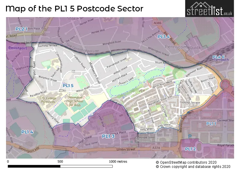 Map of the PL1 5 and surrounding postcode sector