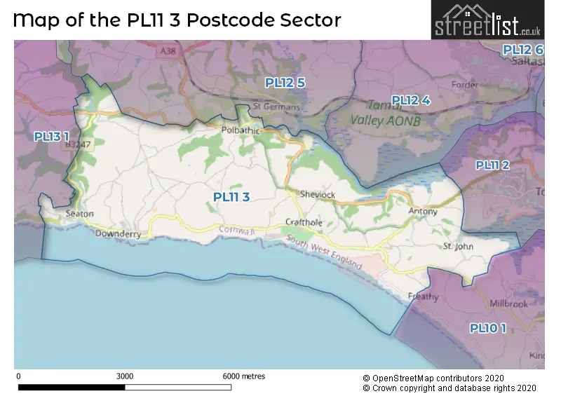 Map of the PL11 3 and surrounding postcode sector