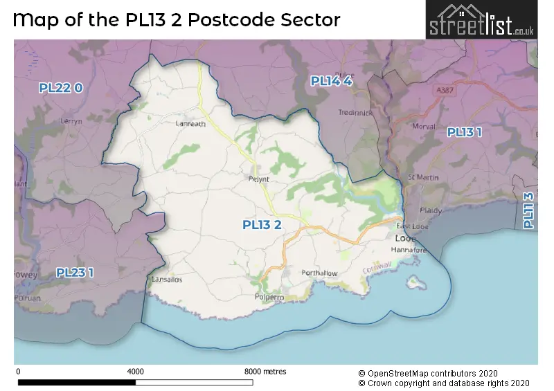 Map of the PL13 2 and surrounding postcode sector