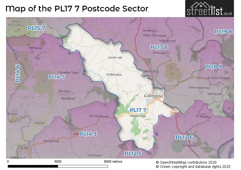 Map of the PL17 7 and surrounding postcode sector