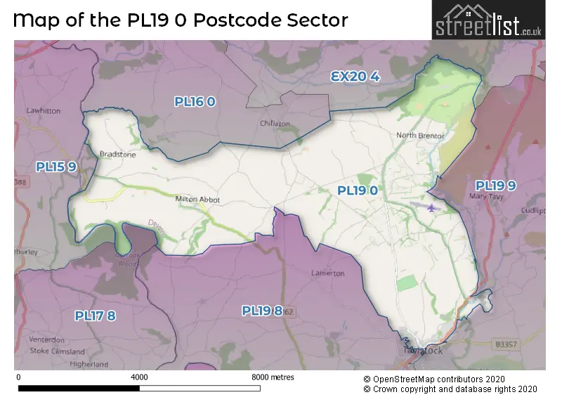 Map of the PL19 0 and surrounding postcode sector