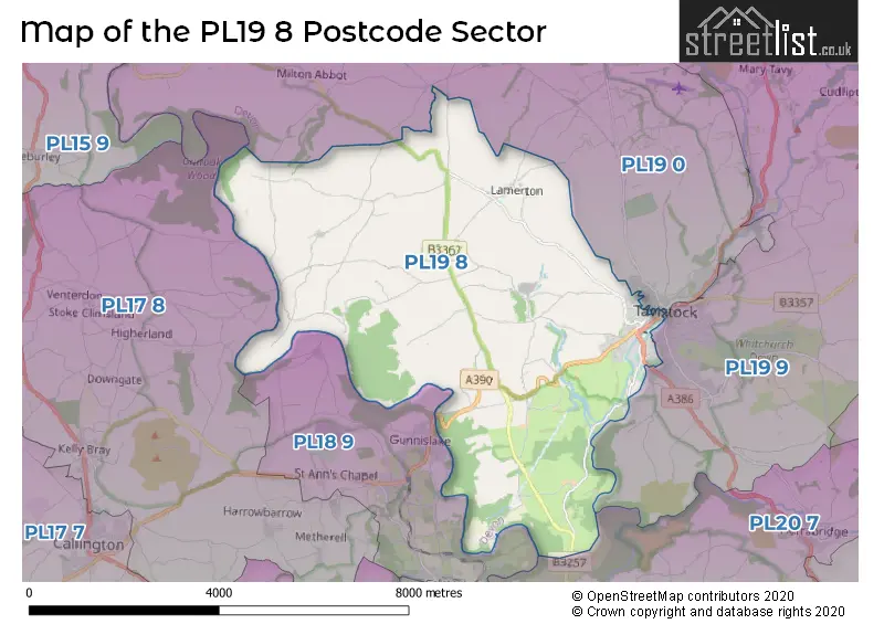 Map of the PL19 8 and surrounding postcode sector