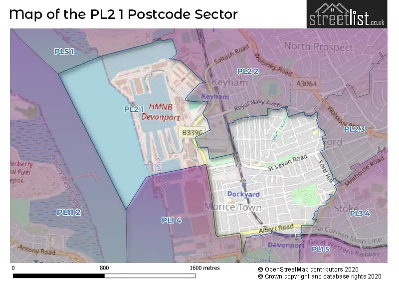 Map of the PL2 1 and surrounding postcode sector