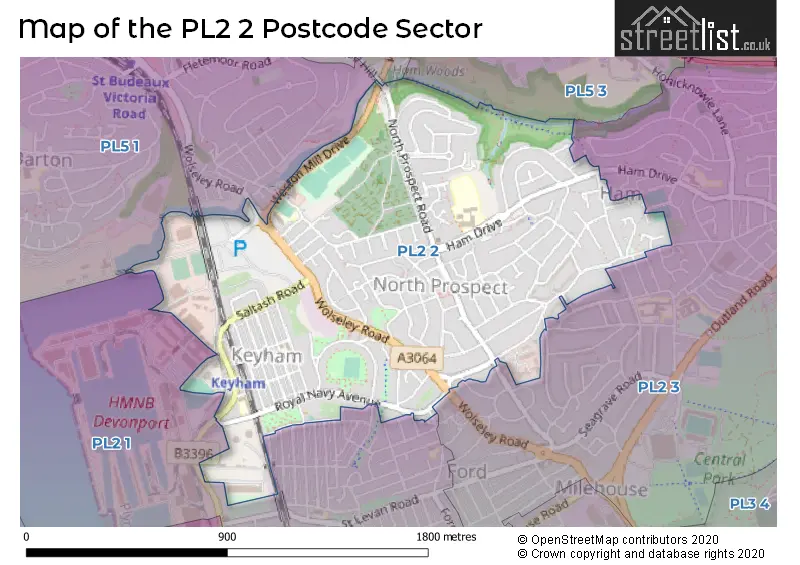 Map of the PL2 2 and surrounding postcode sector