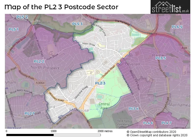 Map of the PL2 3 and surrounding postcode sector