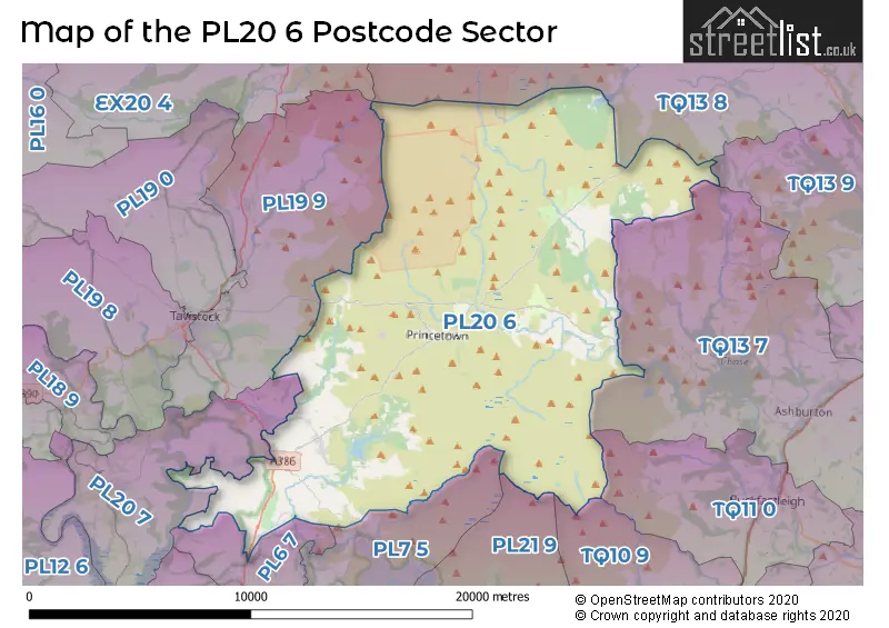 Map of the PL20 6 and surrounding postcode sector