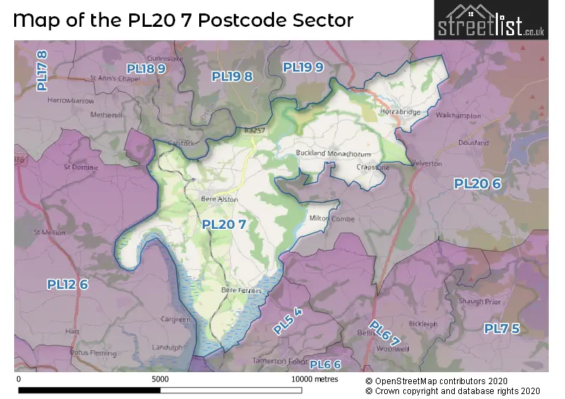 Map of the PL20 7 and surrounding postcode sector