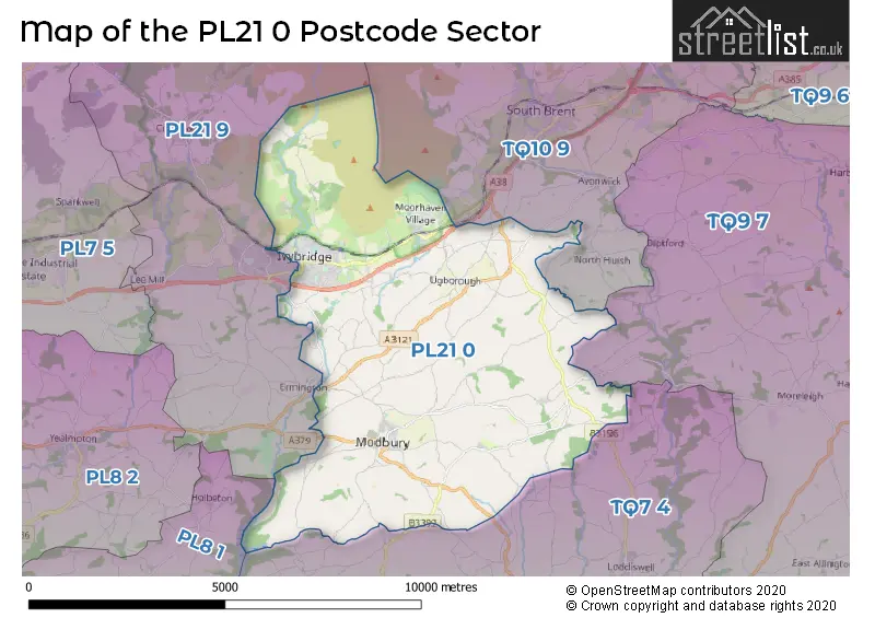 Map of the PL21 0 and surrounding postcode sector