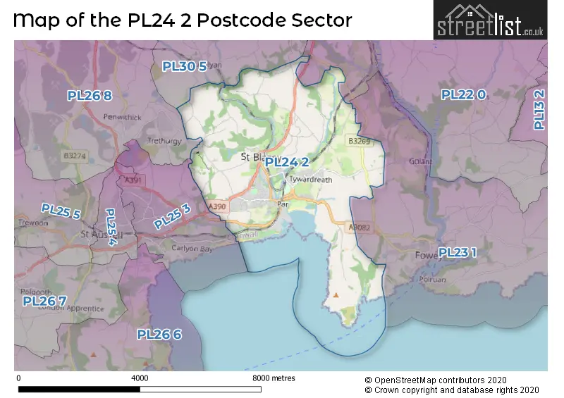 Map of the PL24 2 and surrounding postcode sector