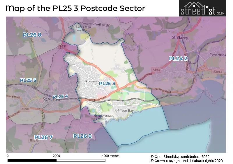 Map of the PL25 3 and surrounding postcode sector
