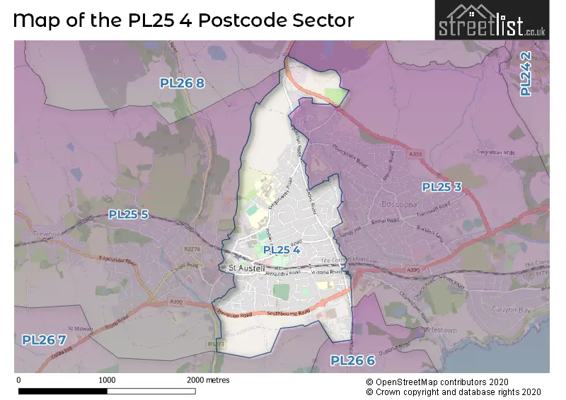 Map of the PL25 4 and surrounding postcode sector