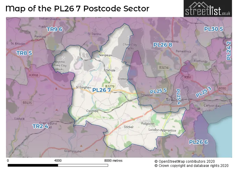Map of the PL26 7 and surrounding postcode sector