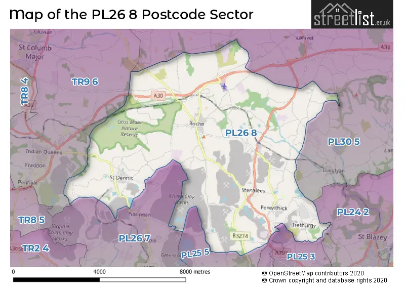 Map of the PL26 8 and surrounding postcode sector