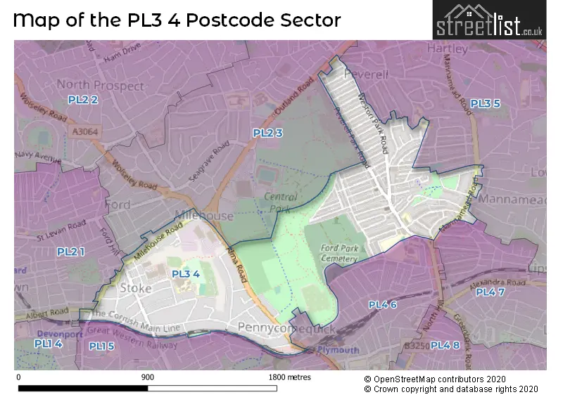 Map of the PL3 4 and surrounding postcode sector