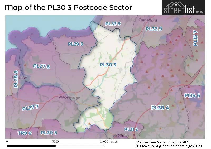 Map of the PL30 3 and surrounding postcode sector