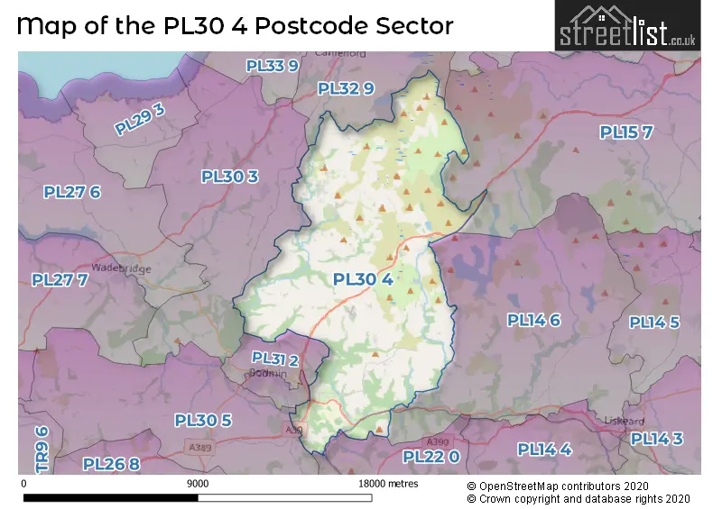 Map of the PL30 4 and surrounding postcode sector