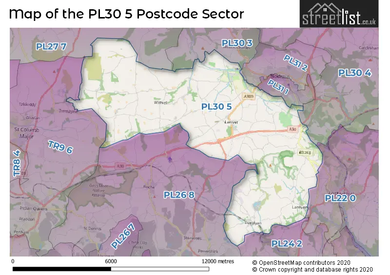 Map of the PL30 5 and surrounding postcode sector