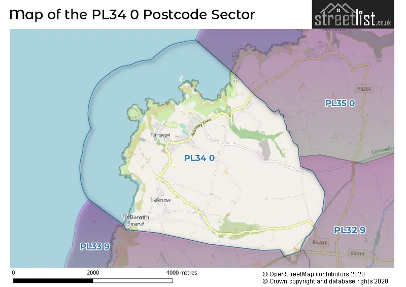 Map of the PL34 0 and surrounding postcode sector