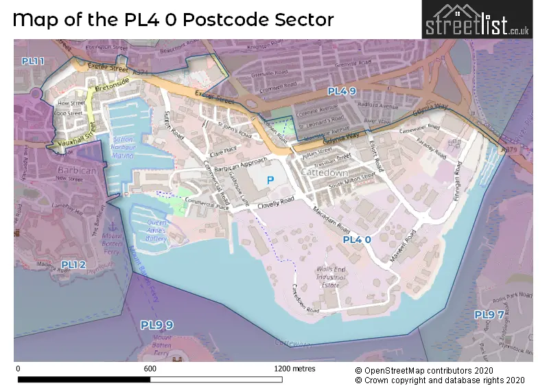 Map of the PL4 0 and surrounding postcode sector