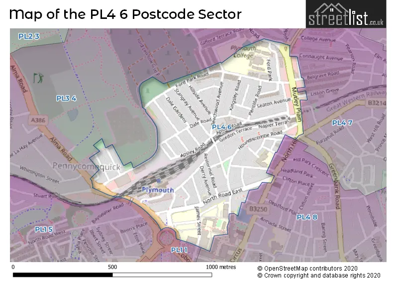Map of the PL4 6 and surrounding postcode sector