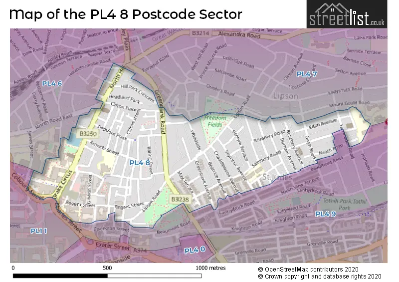 Map of the PL4 8 and surrounding postcode sector