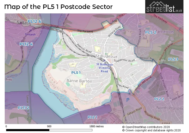 Map of the PL5 1 and surrounding postcode sector