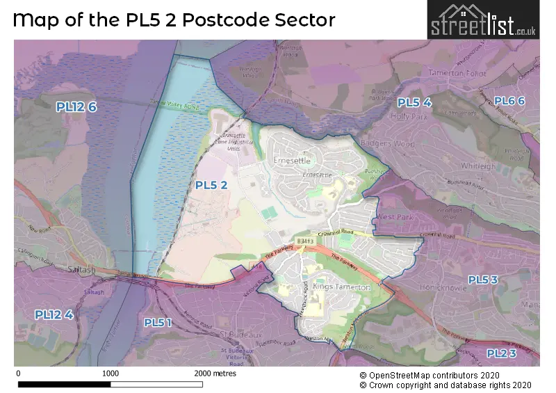 Map of the PL5 2 and surrounding postcode sector
