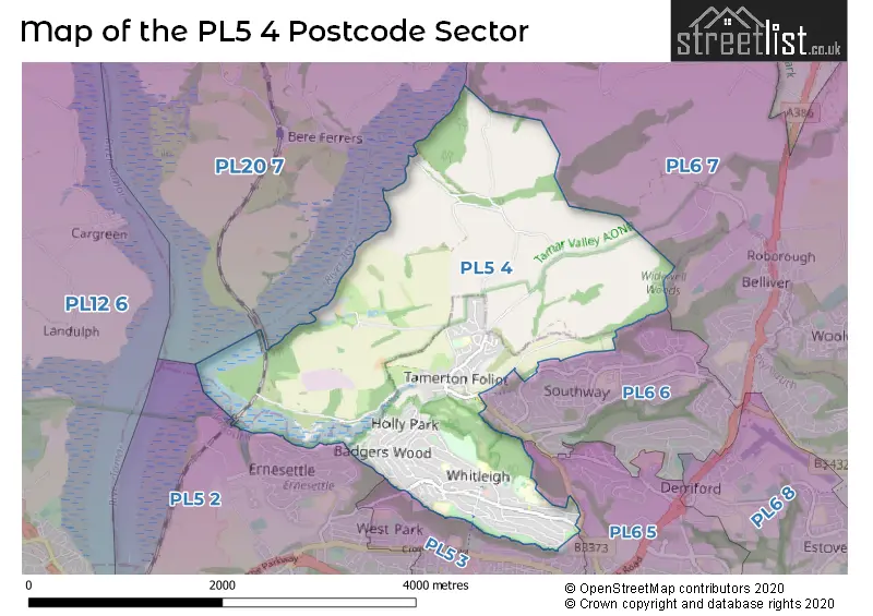 Map of the PL5 4 and surrounding postcode sector