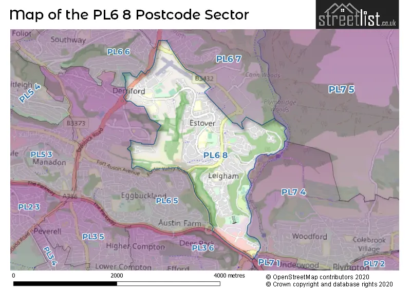 Map of the PL6 8 and surrounding postcode sector
