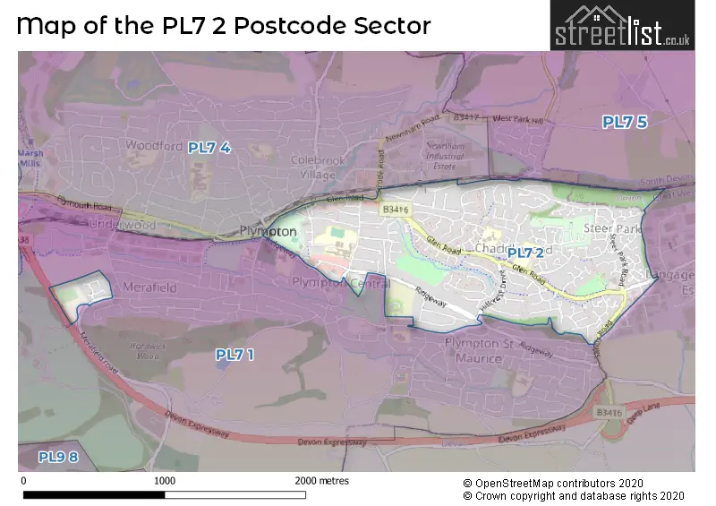 Map of the PL7 2 and surrounding postcode sector
